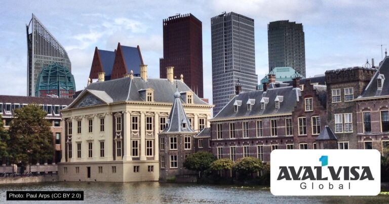 The Mauritshuis and the Binnenhof on the Hofvijver in The Hague, with the high-rise towers of the city centre behind
